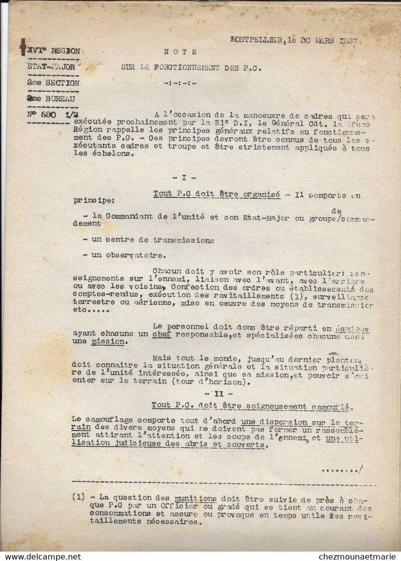 16E REGION ETAT MAJOR PAR GENERAL GOUDOT - MONTPELLIER 1937 NOTE SUR LE FONCTIONNEMENT DES PC - 5 PAGES - Documenti