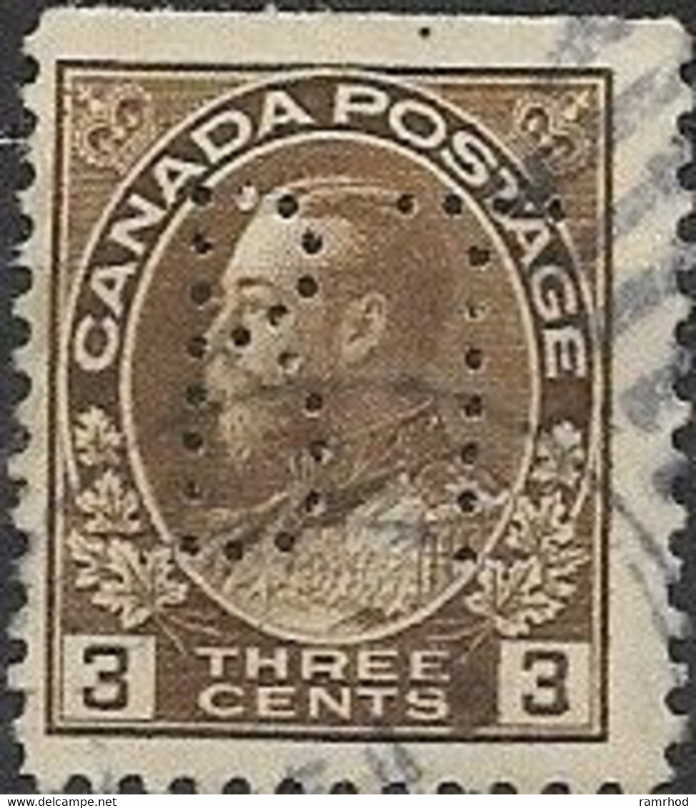 CANADA 1912 King George V - 3c Brown FU PERFIN MARKED 'BT' - Perfins