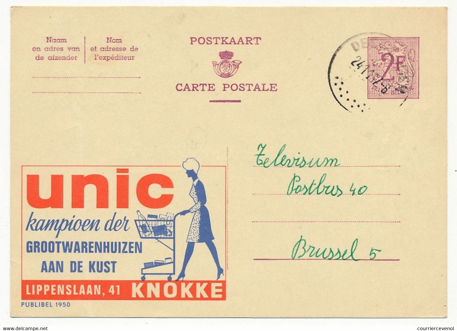 BELGIQUE => Carte Postale - 2F - Publicité "UNIC (Knokke)"  - Publibel 1950 - Publibels