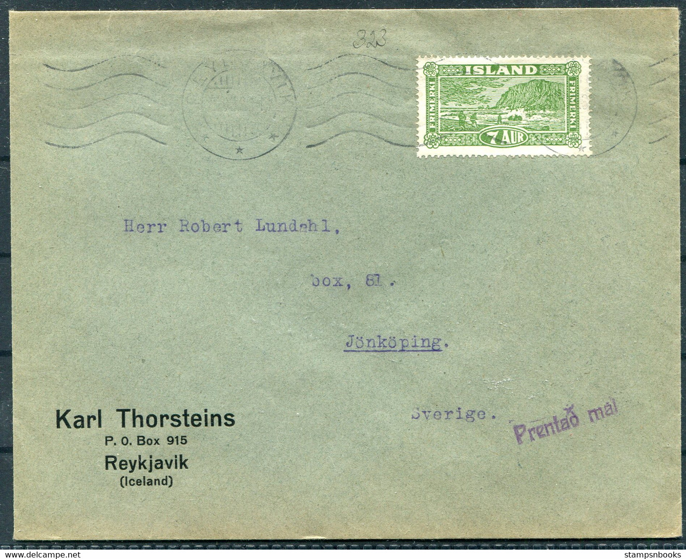 Iceland 7 Aur View Printed Matter Rate Karl Thorsteins Cover, Reykjavik Machine Cancel - Jonkoping Sweden - Covers & Documents