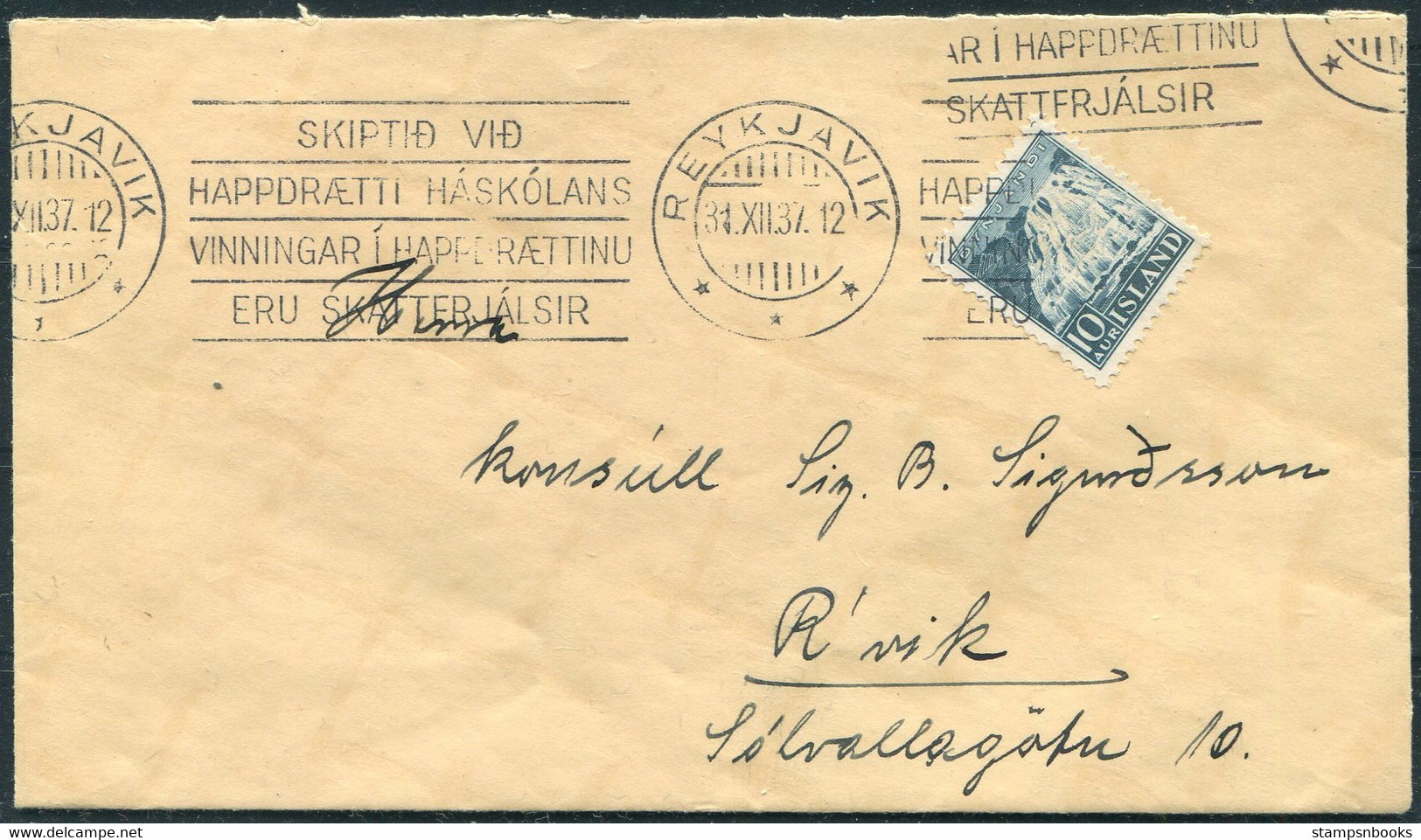 1937 Iceland Reykjavik Machine Slogan Cancel Cover. 10 Aur Dynjandi Waterfall - Cartas & Documentos