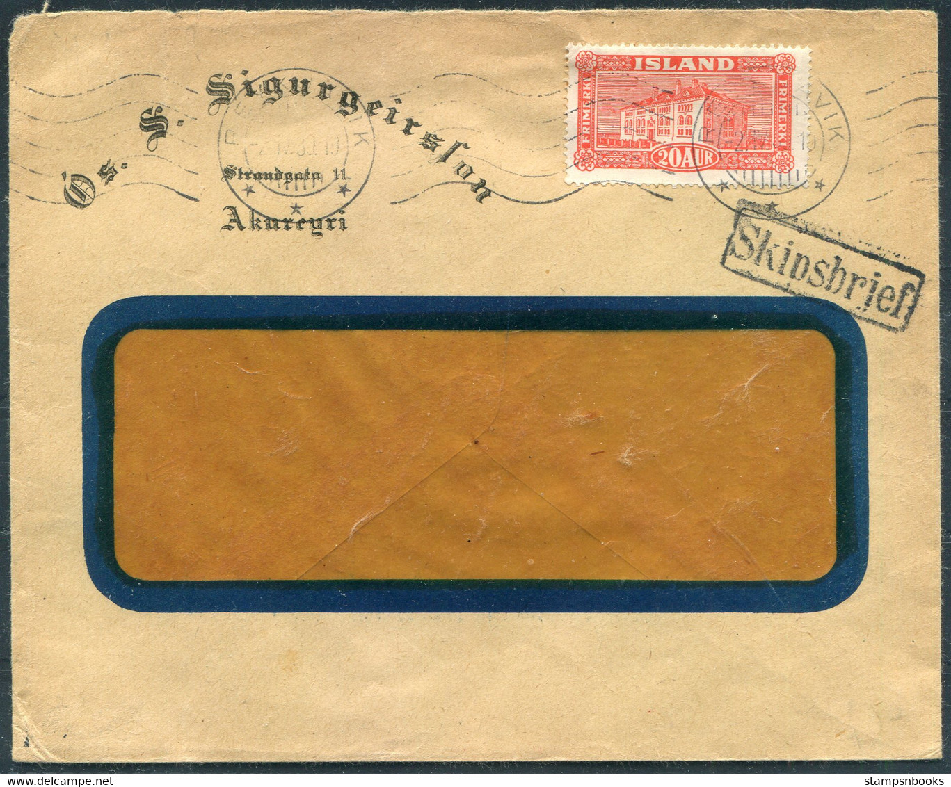 1930 Iceland 20 Aur National Library Skipsbrjef Cover. Ship Paquebot - Covers & Documents