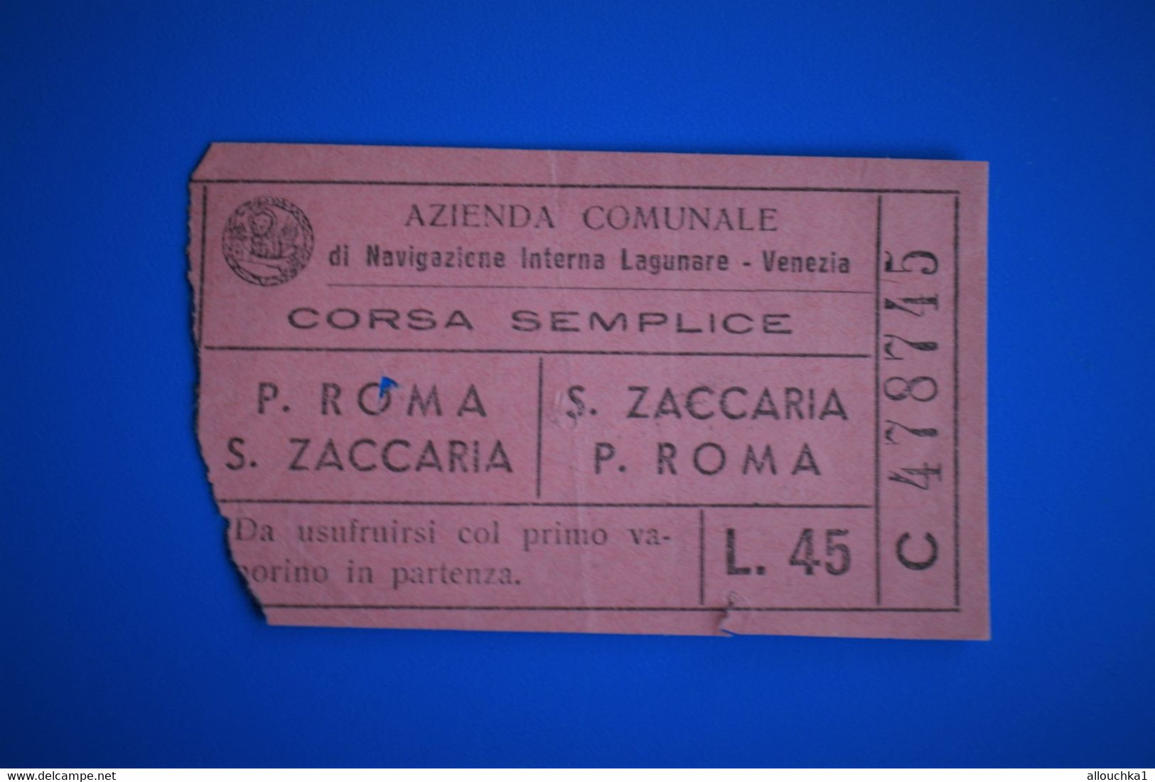 NAVIGATIONE INTERNA LAGUNARE VENEZIA FERROVIA S. ZACCARIA TICKET BIGLIETTO ☛Transport Billet-MOTOSCATO-CORSA- SEMPLICE - Europe