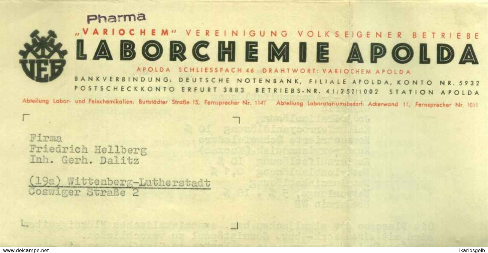 Apolda DDR Bei Weimar Thüringen 1951 Deko Rechnung " VEB Laborchemie " - Perfumería & Droguería