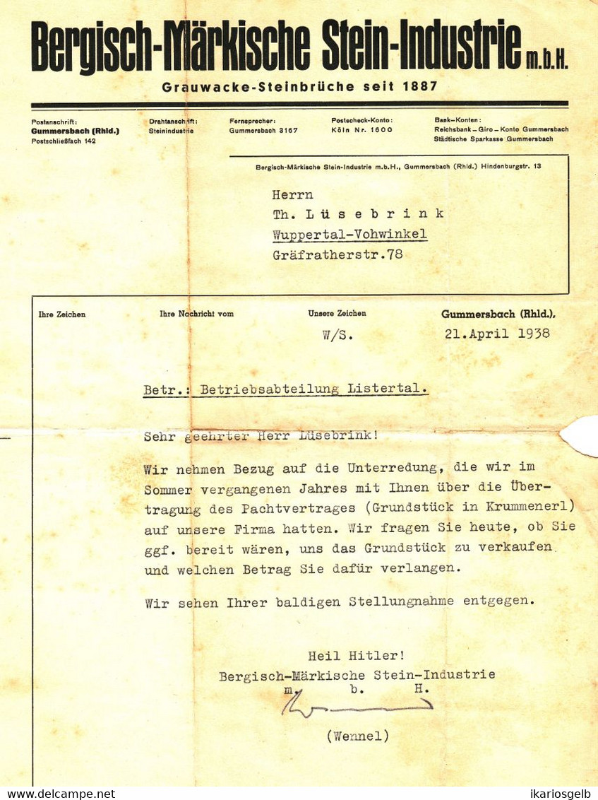 Gummersbach 1938 Deko Rechnung " Bergisch Märkische Steinindustrie Grauwacke Steinbrüche " - Landwirtschaft