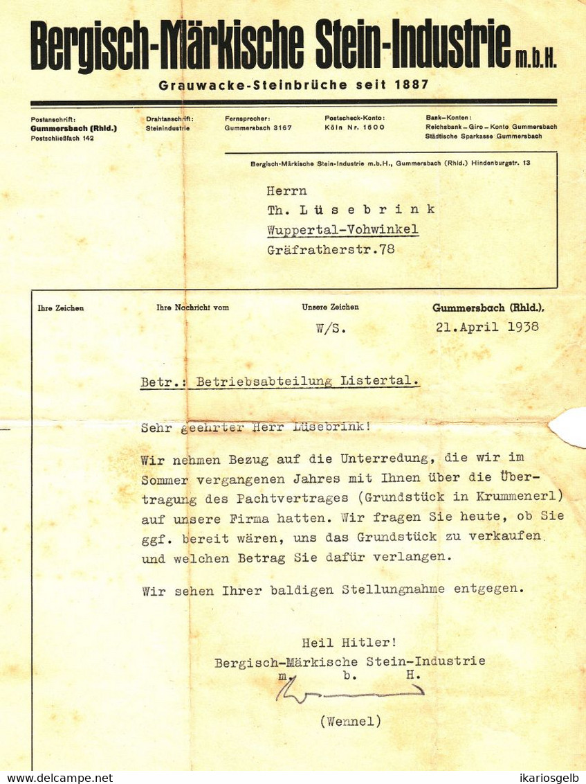 Gummersbach 1938 Deko Rechnung " Bergisch Märkische Steinindustrie Grauwacke Steinbrüche " - Agricultura