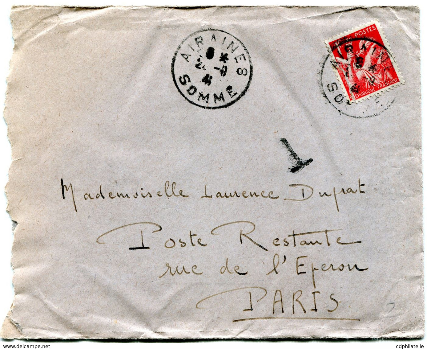 FRANCE LETTRE DEPART AIRAINES ?-9-41 SOMME TAXEE EN POSTE RESTANTE A PARIS - 1939-44 Iris