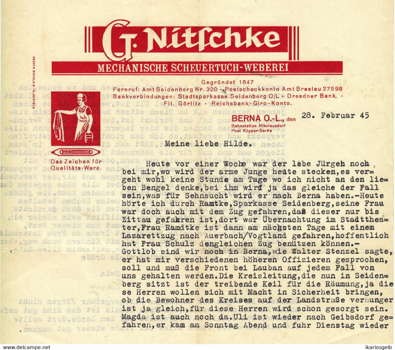 Berna Küpper Oberlausitz Łużyce Górne 1945 Deko Farbige Rechnung " G.Nitschke Mechanische Scheuertuchweberei " - Textilos & Vestidos