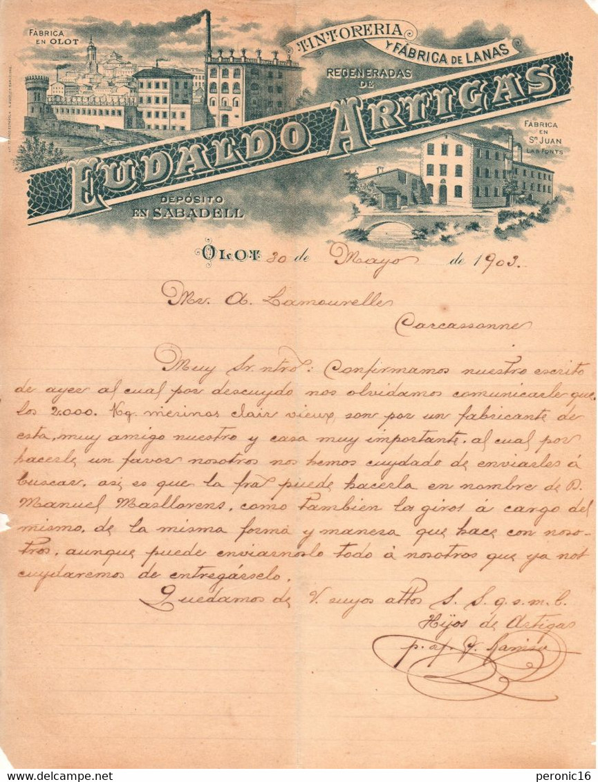 ESPAGNE Facture : EUDALDO  ARTIGRAS - Tintoreria Y Fabrica De LANAS - OLOT  1903 - España