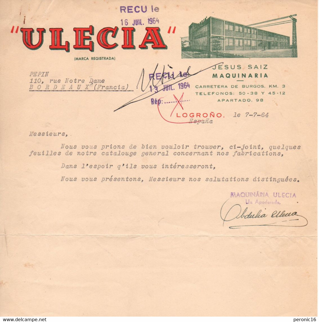 ESPAGNE Facture :  "ULEGIA"  JESUS SAIS  MAQUINARIA   1964 Logrono - Spain