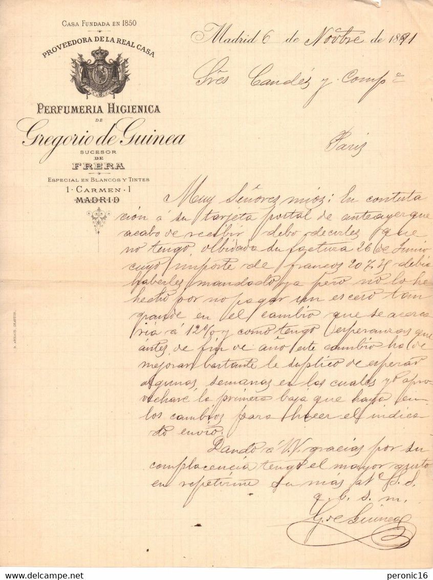 ESPAGNE Facture :  GREGORIO DE GUINEA - Perfumeria Higienica  Madrid  1891 - Spain