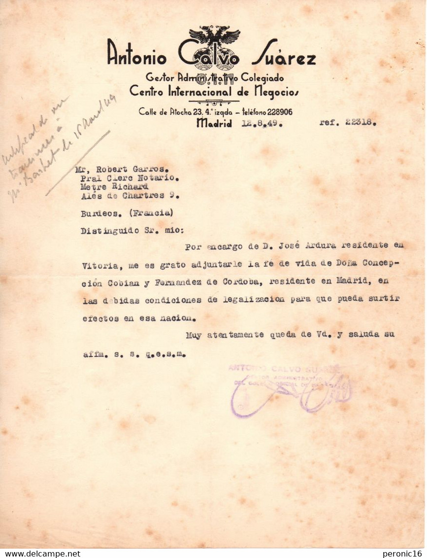 ESPAGNE Facture :  ANTONIO CALVO SUAREZ  MADRID  1949 - Espagne