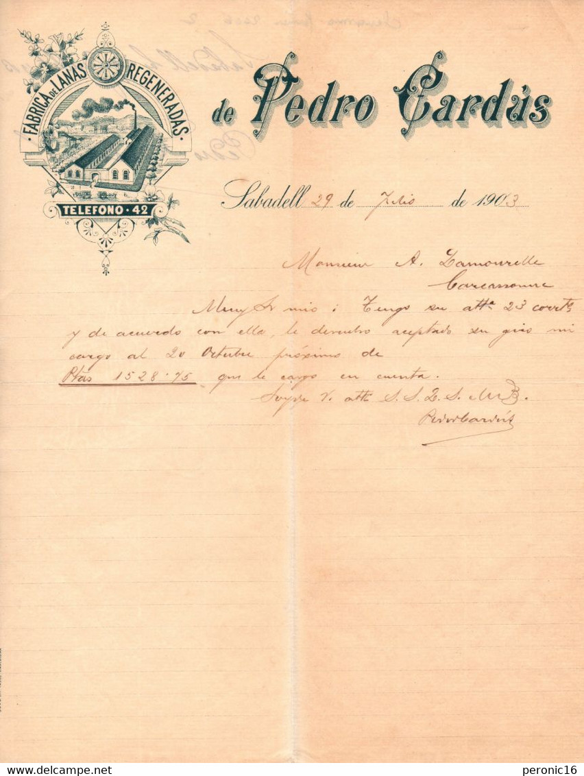 ESPAGNE Facture :  Fabrica De Lanas Regegeradas De PEDRO GARDUS 1903 - Spanien