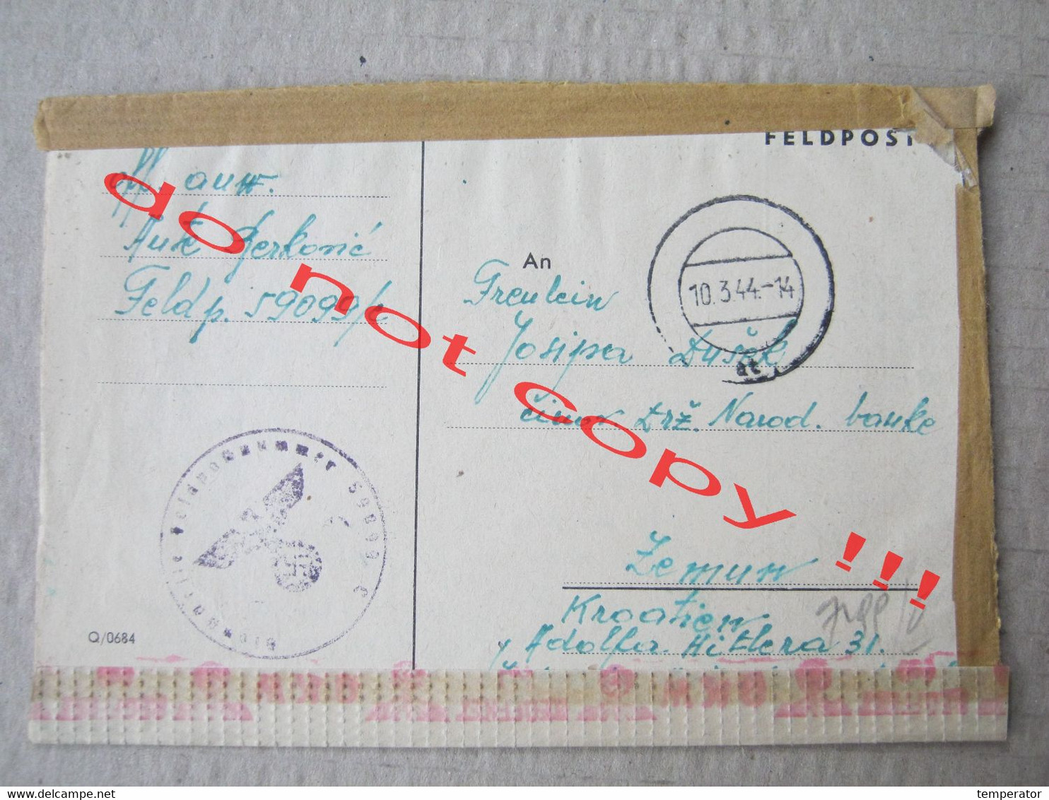 Croatia, NDH, WW2 / FELDPOST NR. 59099/C - War Nazi Censorship ? ( To Zemun 1944. ) / Description ... - Kroatië