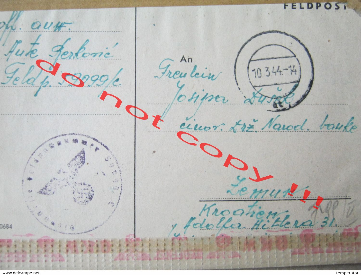 Croatia, NDH, WW2 / FELDPOST NR. 59099/C - War Nazi Censorship ? ( To Zemun 1944. ) / Description ... - Kroatië