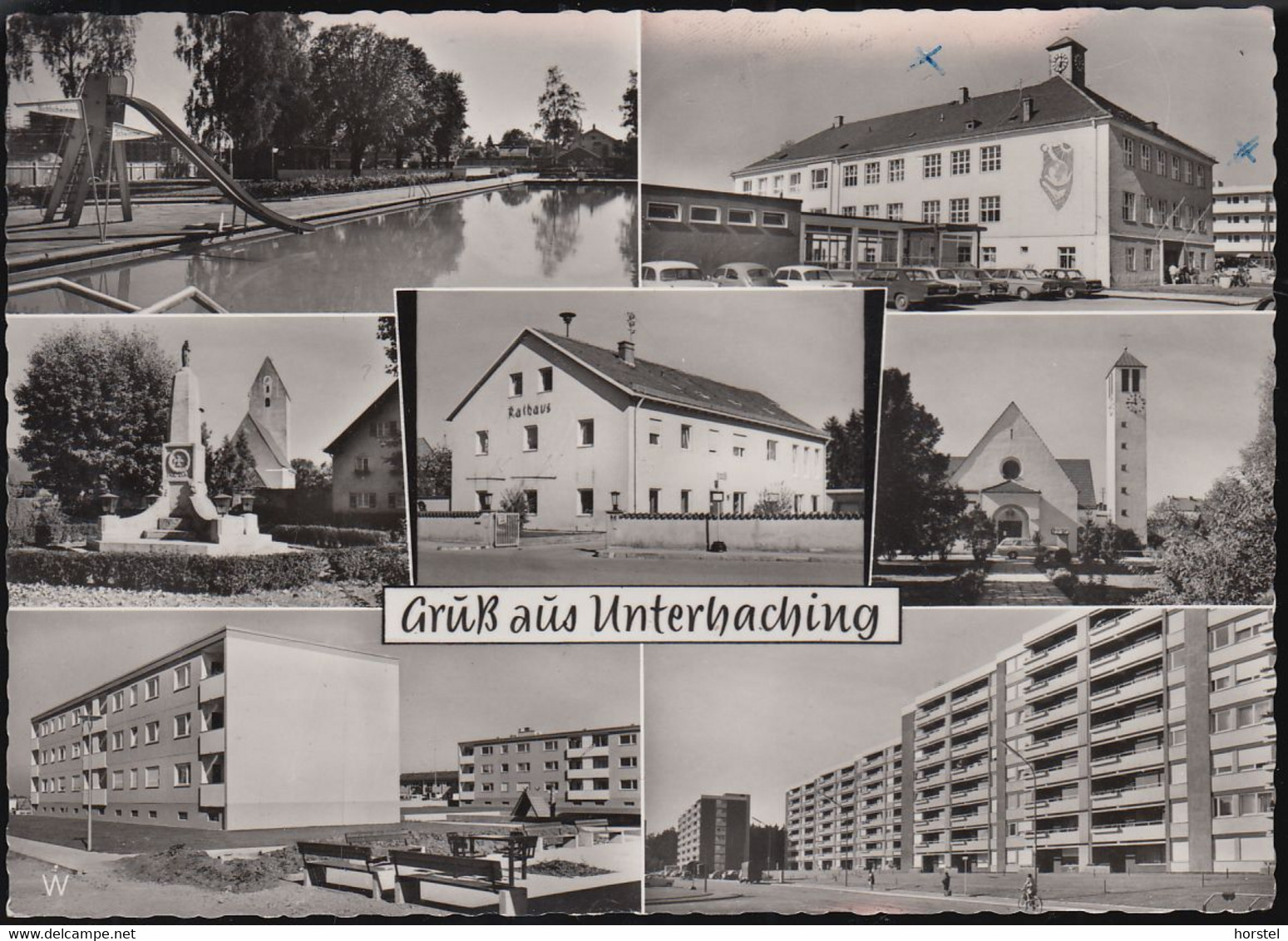 D-82008 Unterhaching - Alte Ansichten - Schule - Freibad - Cars - VW - Ford - BMW - DKW - Nice Stamp Cept - Unterhaching