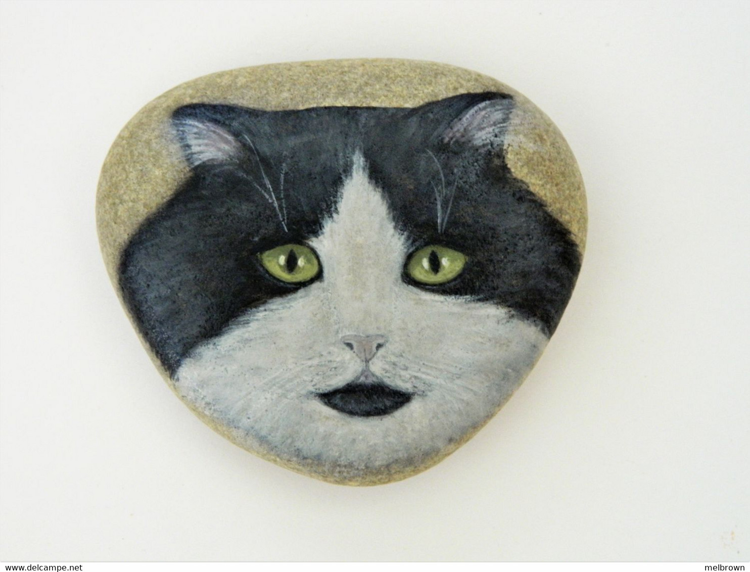 Original Painting Of A Black And White Long-Haired Cat Hand Painted On A Smooth Beach Stone Paperweight - Pisapapeles