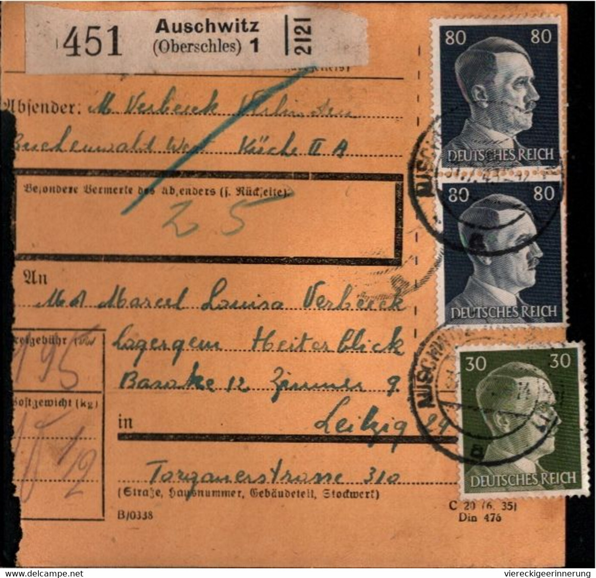 ! 1943 Auschwitz, Konzentrationslager, KZ, Nach Leipzig Heiterblick, Lager, Paketkarte, Deutsches Reich, 3. Reich - Brieven En Documenten