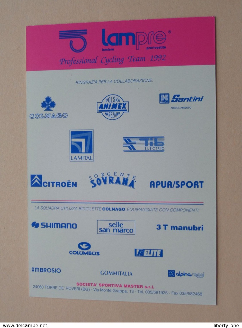 MARTINELLI GIANVITO ( LAMPRE > Professional Cycling Team 1992 ) Carte Publi Format 16,5 X 11 Cm. ( 2 Scans ) ! - Cyclisme
