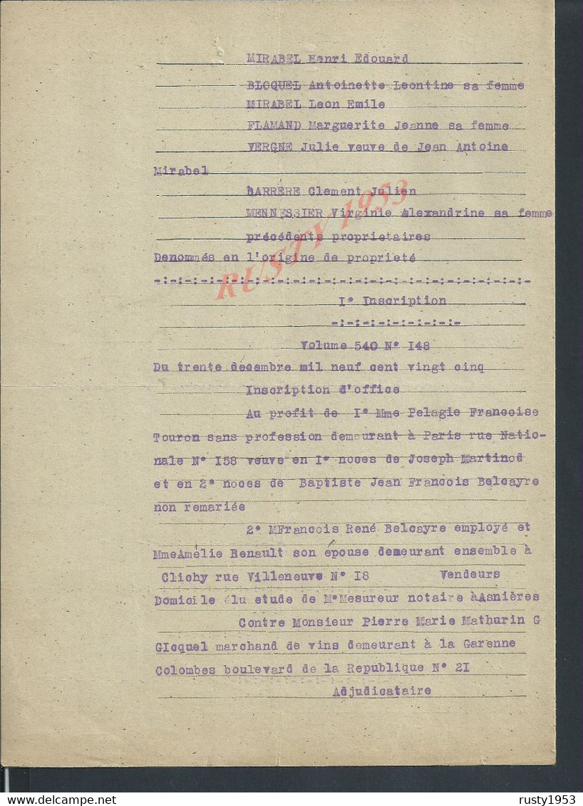 ACTE LOTDE DOCUMENTS ETAT SUR TRANSCRIPTION TOUROU PALAGIE X DELCAYRE BAPTISTE À ASNIÈRES NOTAIRE CHARLES MESUREUR : - Manuscripts