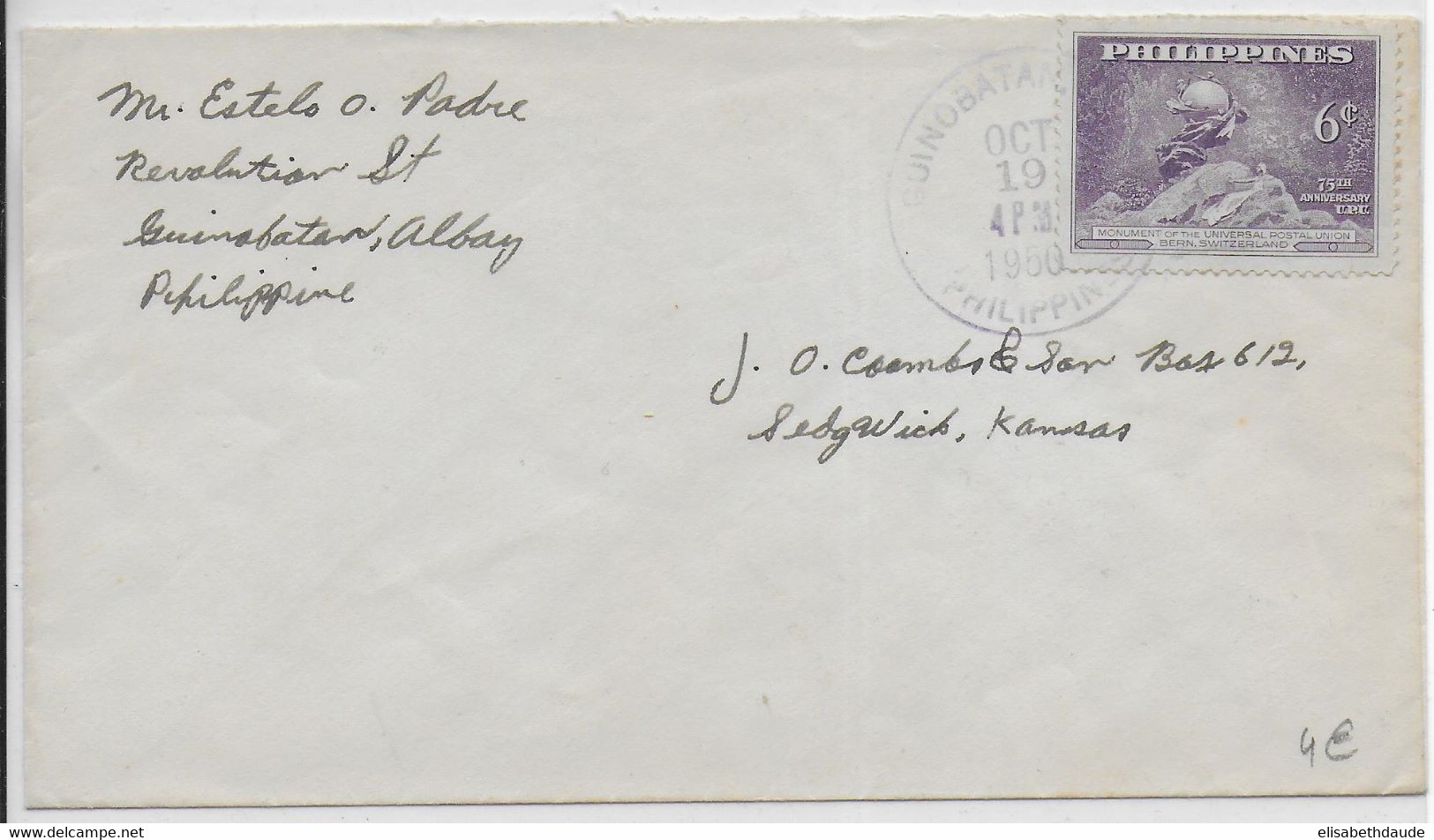 PHILIPPINES - 1950 - TIMBRE UPU Sur ENVELOPPE De GUINOBATAN ALBAY => KANSAS (USA) - Philippinen