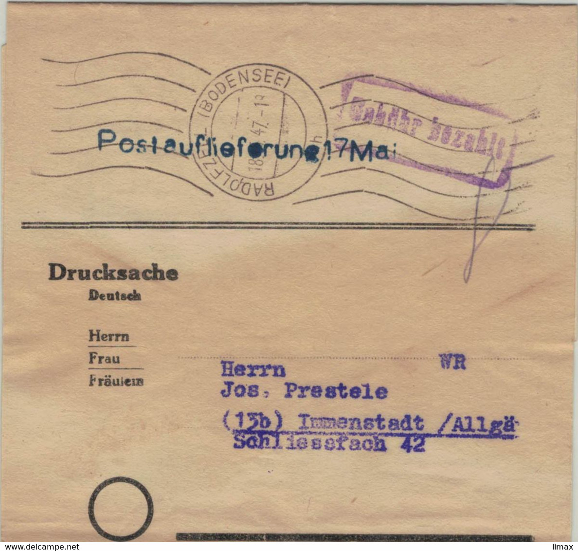 Zeitungsschleife Radolfszell Bodensee 18.5.1947 - Drucksache Gebühr Bezahlt - Postauflieferung 17. Mai - Rs: Kocks Zeit. - Altri & Non Classificati