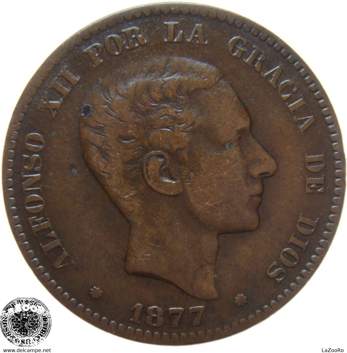 LaZooRo: Spain 10 Centimos 1877 VF / XF - First Minting