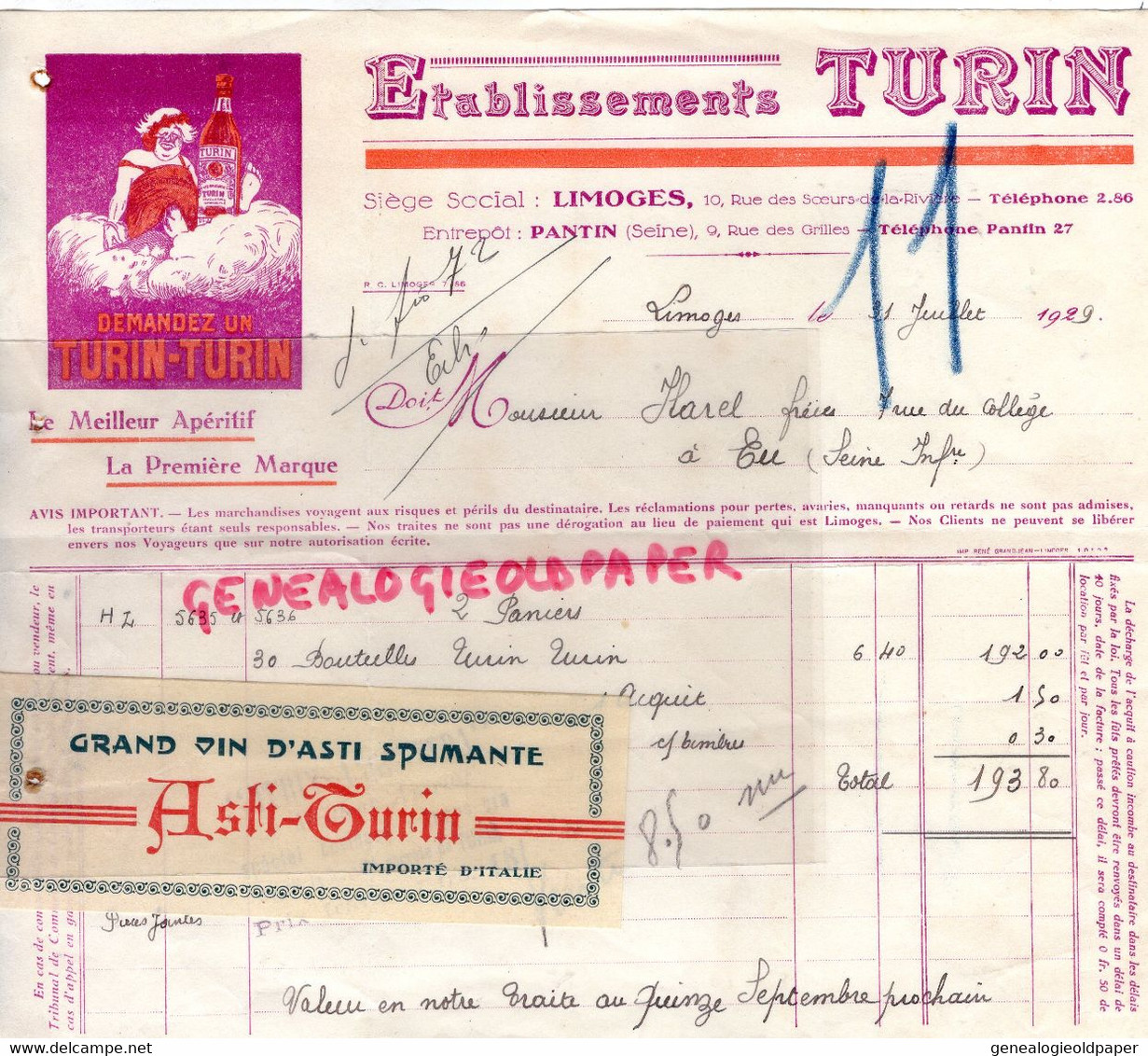 87- LIMOGES- FACTURE ETS. TURIN APERITIF- DISTILLERIE- 10 RUE SOEURS LA RIVIERE- ASTI SPUMANTE ITALIE-1929 - Ambachten