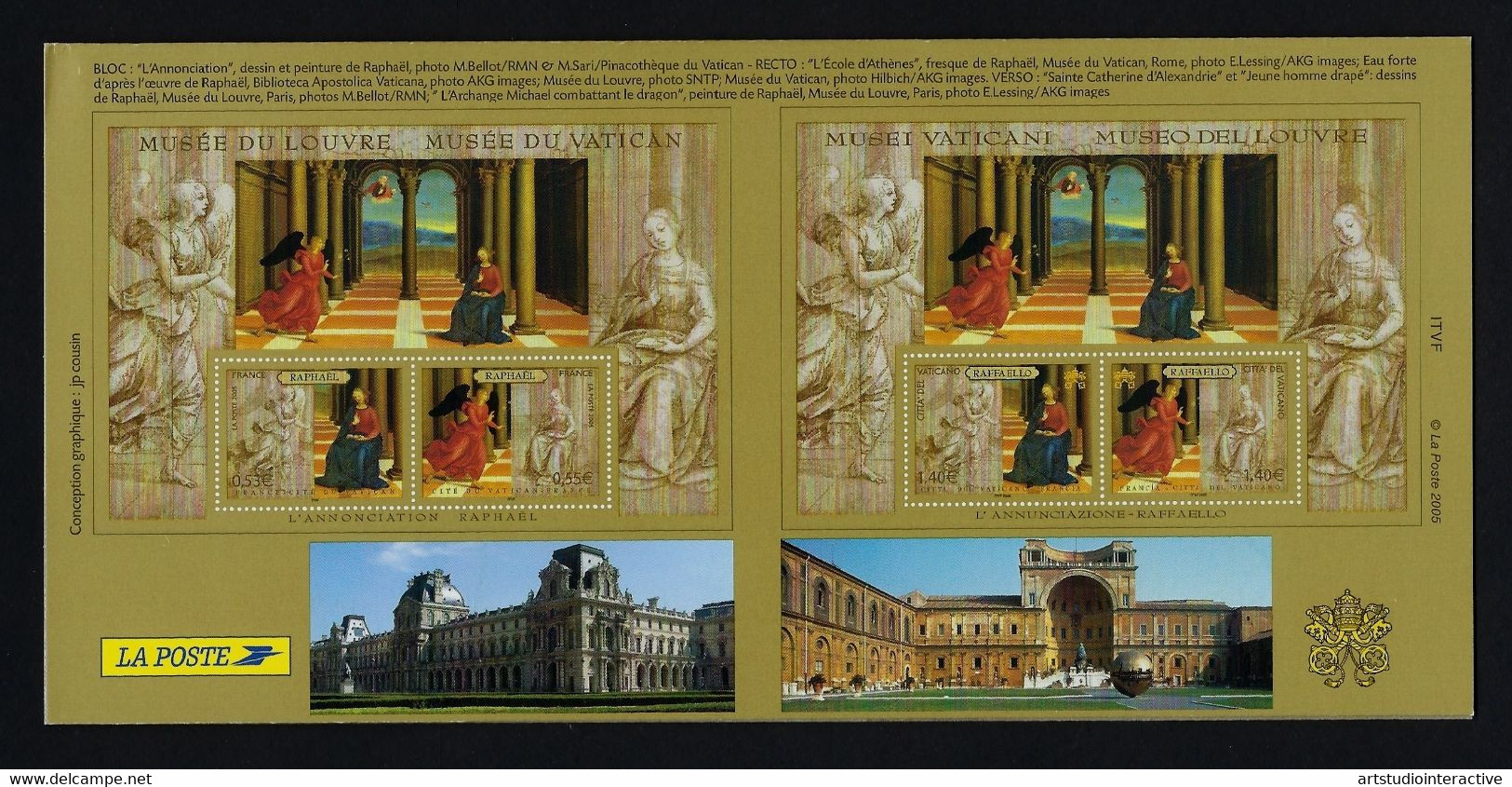 2005 FRANCIA "MUSEO LOUVRE / MUSEI VATICANI / RAFFAELLO" FOLDER CON 2 FOGLIETTI (ITA / FRA) - Collectors