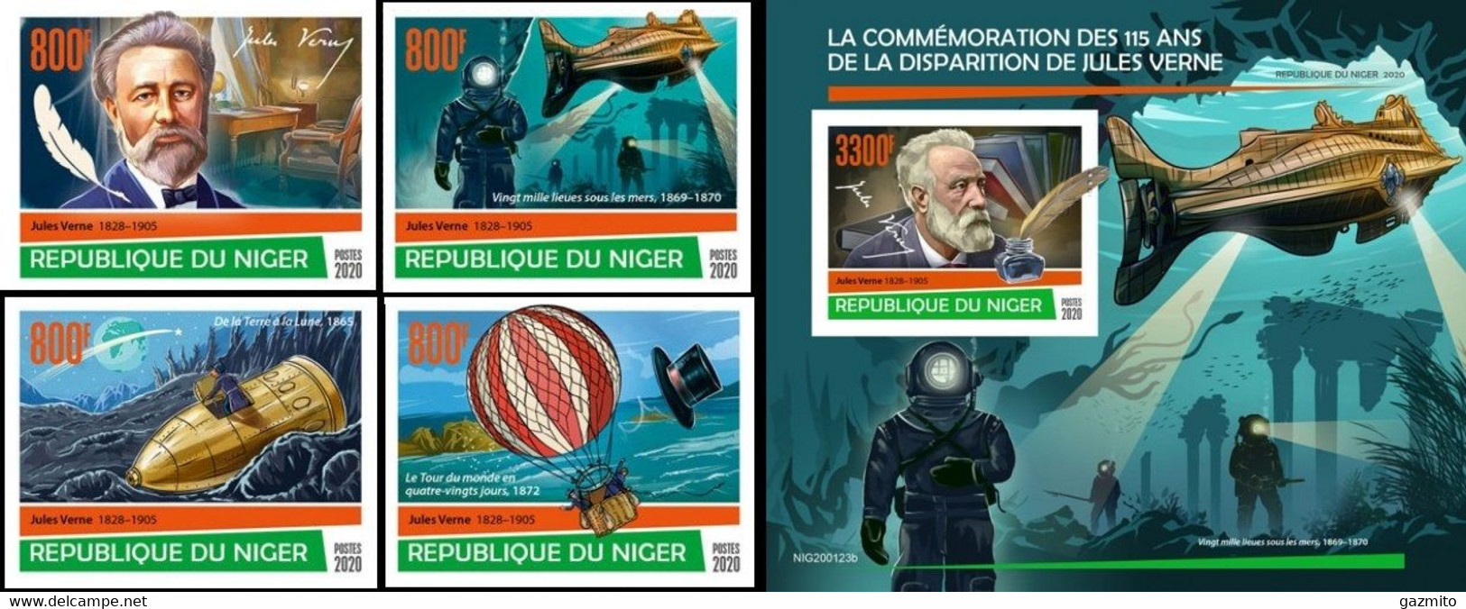 Niger 2020, J. Verne, Submarine, Diving, Baloons, 4val+BF IMPERFORATED - Plongée