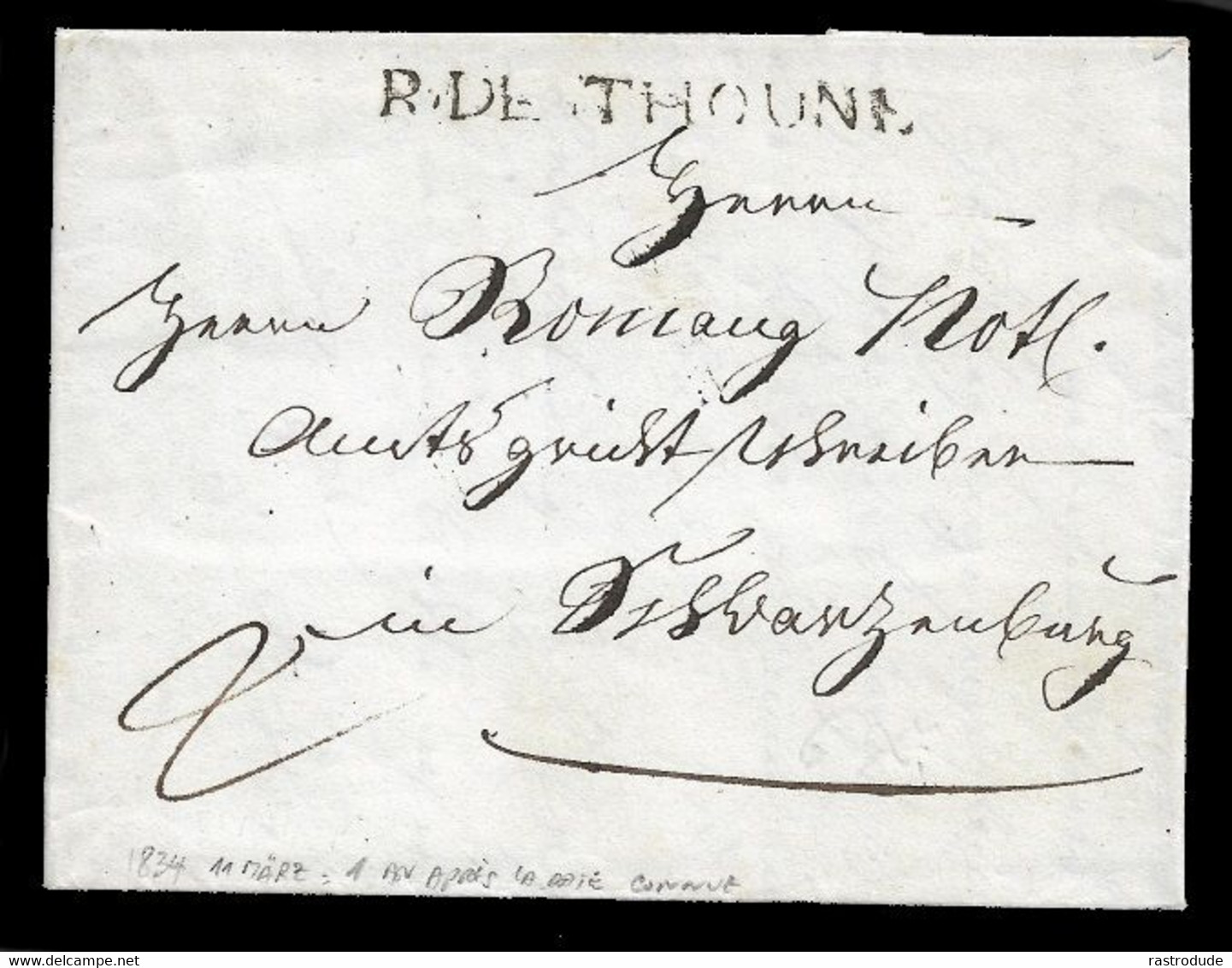 1834 11 März VORPHILA L1 "R.DE.THOUNE" (Route De Thoune) Winkler # 4069: EIN JAHR SPÄTER ALS BISHER BEKANNT! - ...-1845 Voorlopers