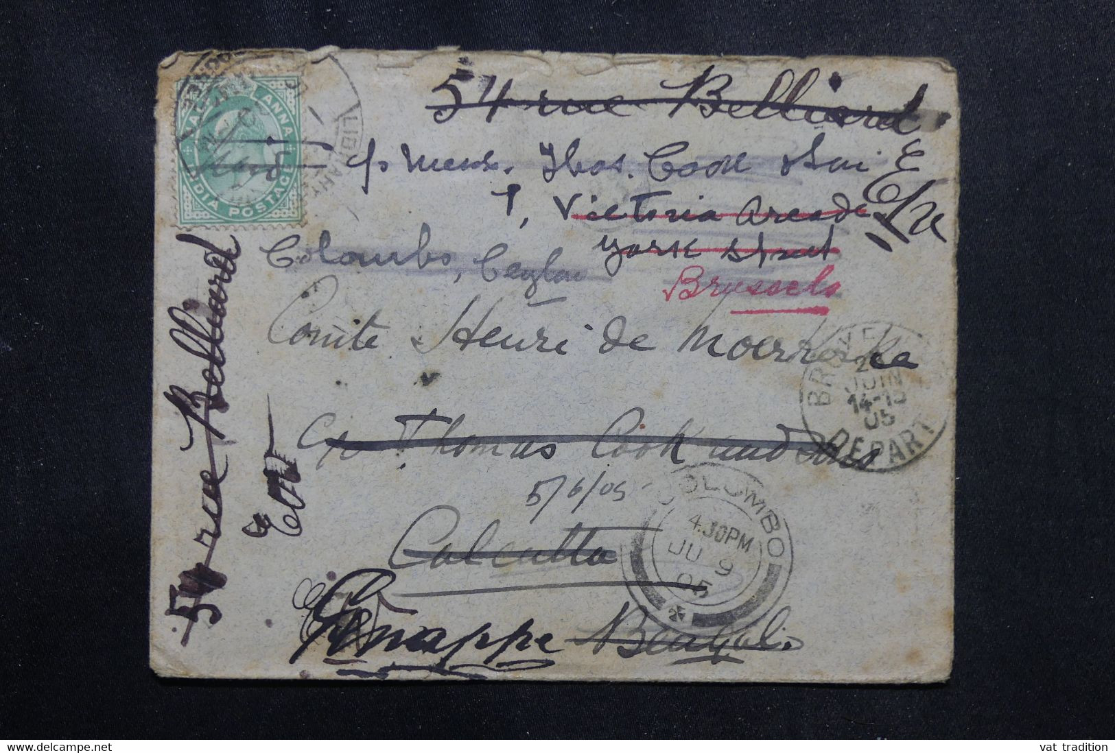 INDE - Enveloppe Pour Calcutta Et Redirigée Vers Bruxelles En 1905, Voir Cachets De Transit - L 72219 - 1902-11 Roi Edouard VII