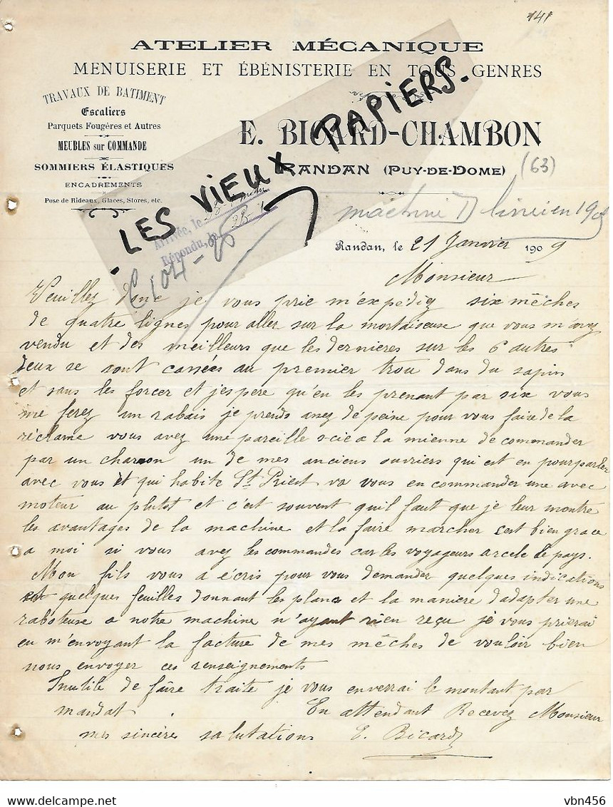 63 - Puy-de-dôme - RANDAN - Facture BICARD-CHAMBON - Menuiserie, ébénisterie, Etc - 1905 - REF 164B - 1900 – 1949