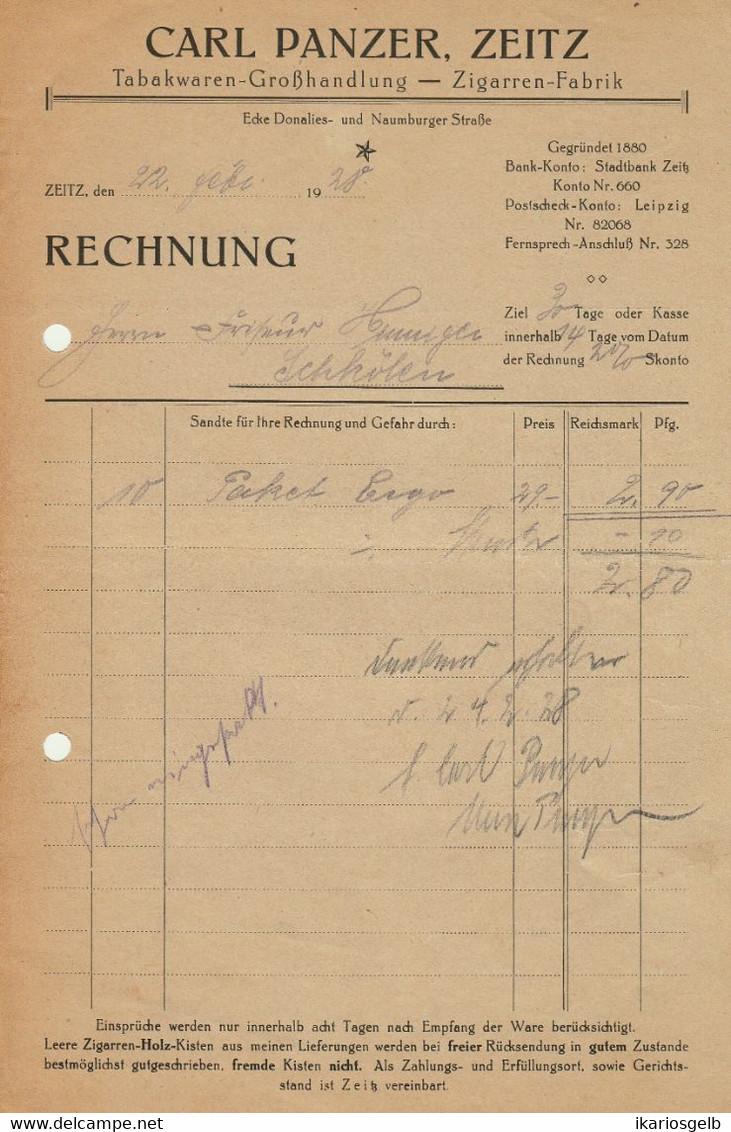 Zeitz Anhalt 1928 (!!) Deko Rechnung " Carl Panzer Zigarren-Fabrik Tabakwaren Großhandel " - Lebensmittel