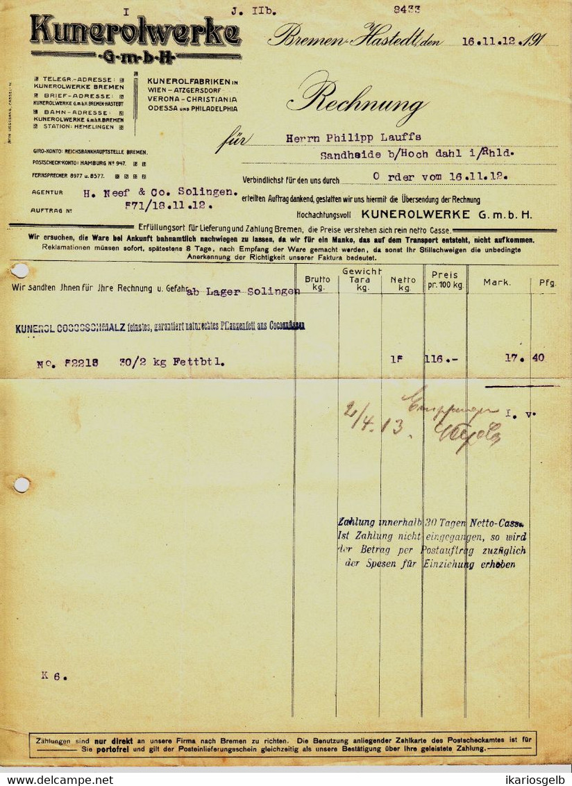 Bremen Hastedt 1912 (!!) Deko Rechnung " Kunerol-Werke GmbH Cocosfett-Fabriken" - Lebensmittel