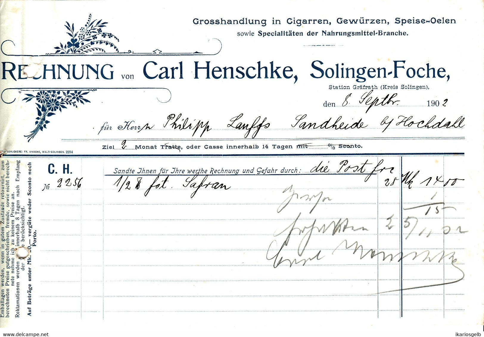 Solingen Foche 1902 Deko Rechnung " Carl Henschke Cigarren Gewürze Speiseöle Großhandlung " - Alimentaire