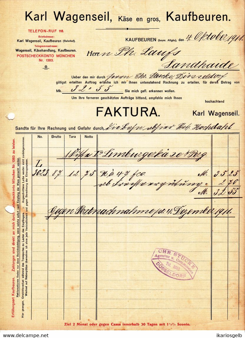 Kaufbeuren Allgäu 1911 Deko Rechnung " Karl Wagenseil Käse En Gros " - Levensmiddelen