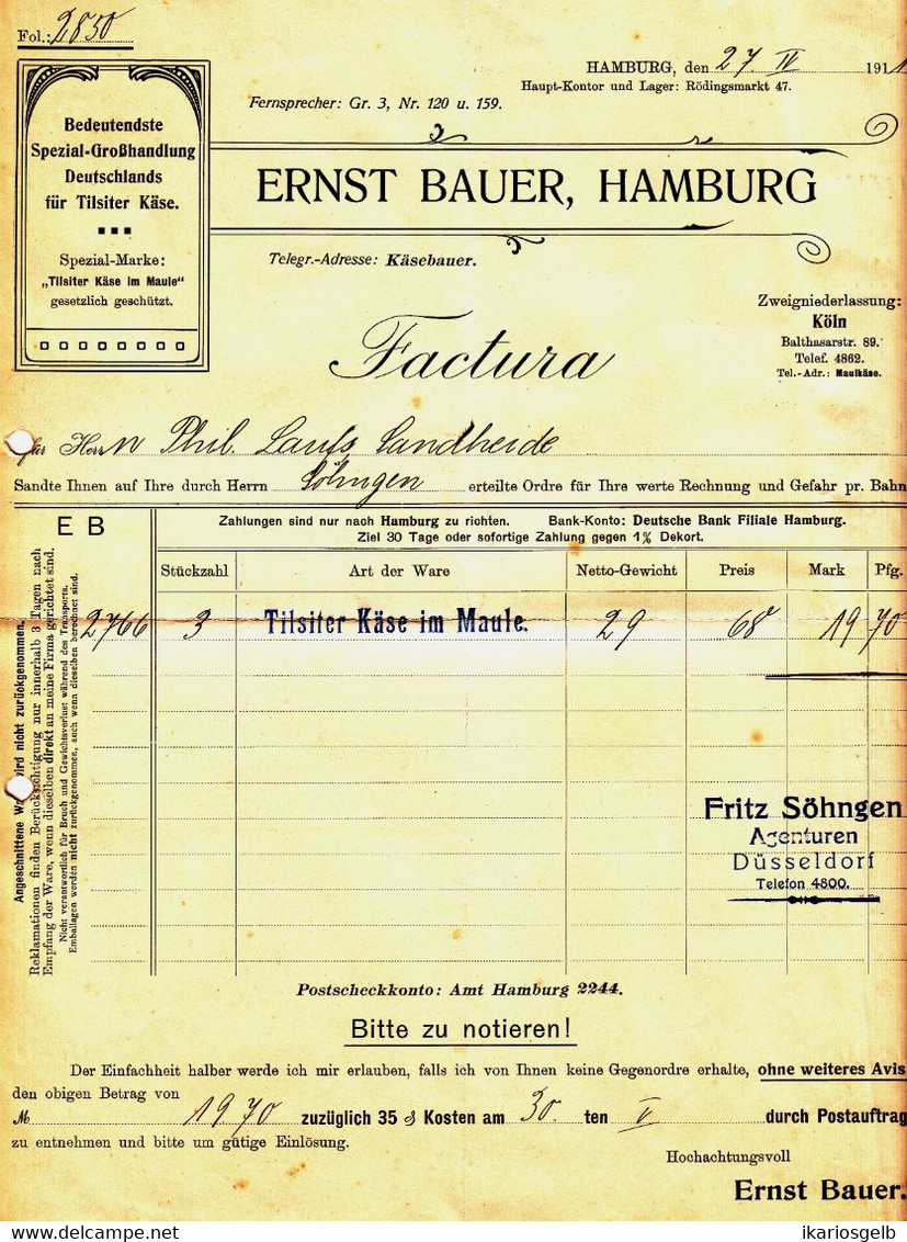Hamburg 1911 Deko Jugendstil Rechnung " Ernst Bauer Tilsiter Käse Spezialgroßhandlung " - Food