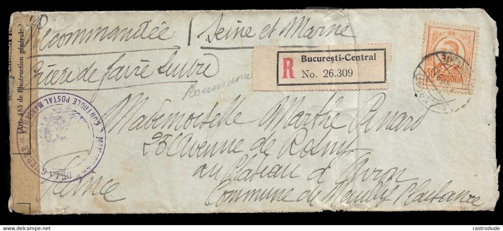 1915 ROMANIA - 50B Yv. 212 REGISTERED COVER BUCARESTI TO FRANCE - CENSURE MILITAIRE - CONTROLE POSTAL MARSEILLE - Covers & Documents