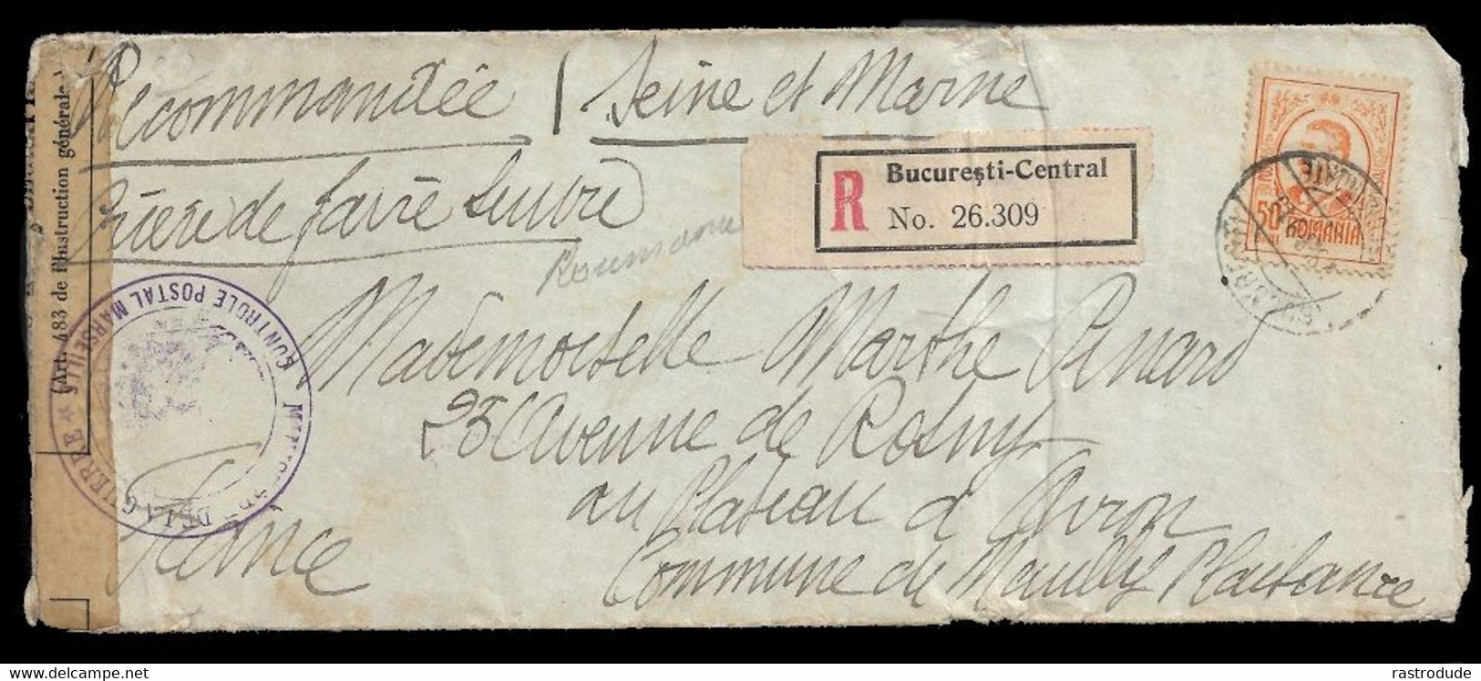 1915 ROMANIA - 50B Yv. 212 REGISTERED COVER BUCARESTI TO FRANCE - CENSURE MILITAIRE - CONTROLE POSTAL MARSEILLE - Brieven En Documenten