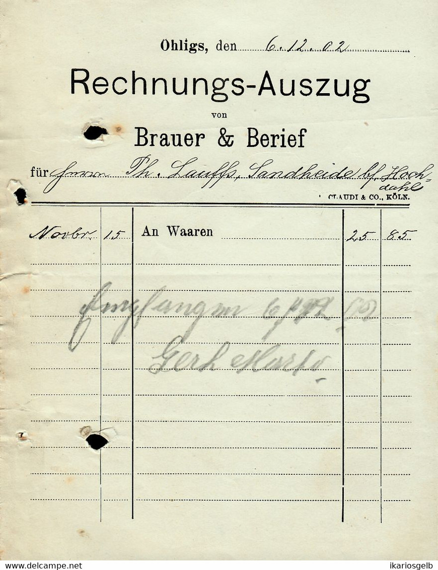 Solingen Ohligs 1902 Deko Rechnung " Brauer & Berief Lebensmittel " - Food