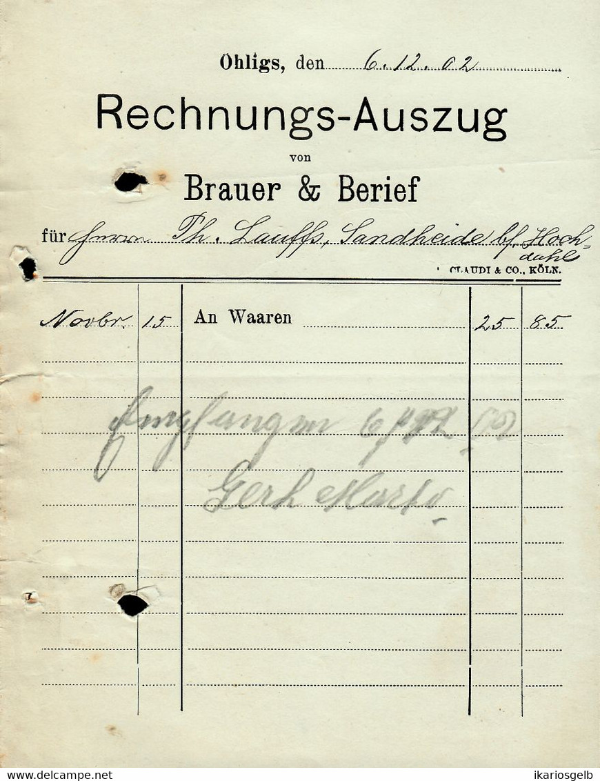 Solingen Ohligs 1902 Deko Rechnung " Brauer & Berief Lebensmittel " - Alimentaire