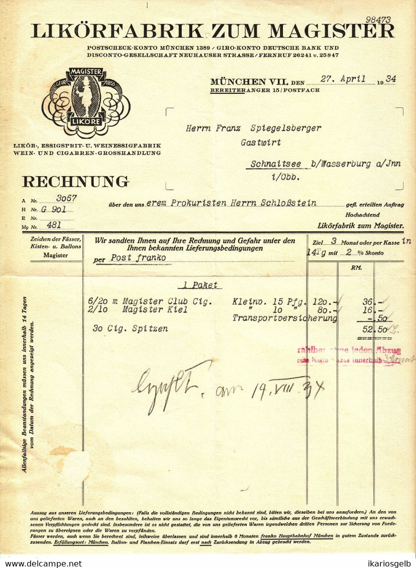 München 1934 Deko Rechnung " Likörfabrik Zum Magister Bereitanger 15 Liköre Essig Wein Cigarren " - Lebensmittel