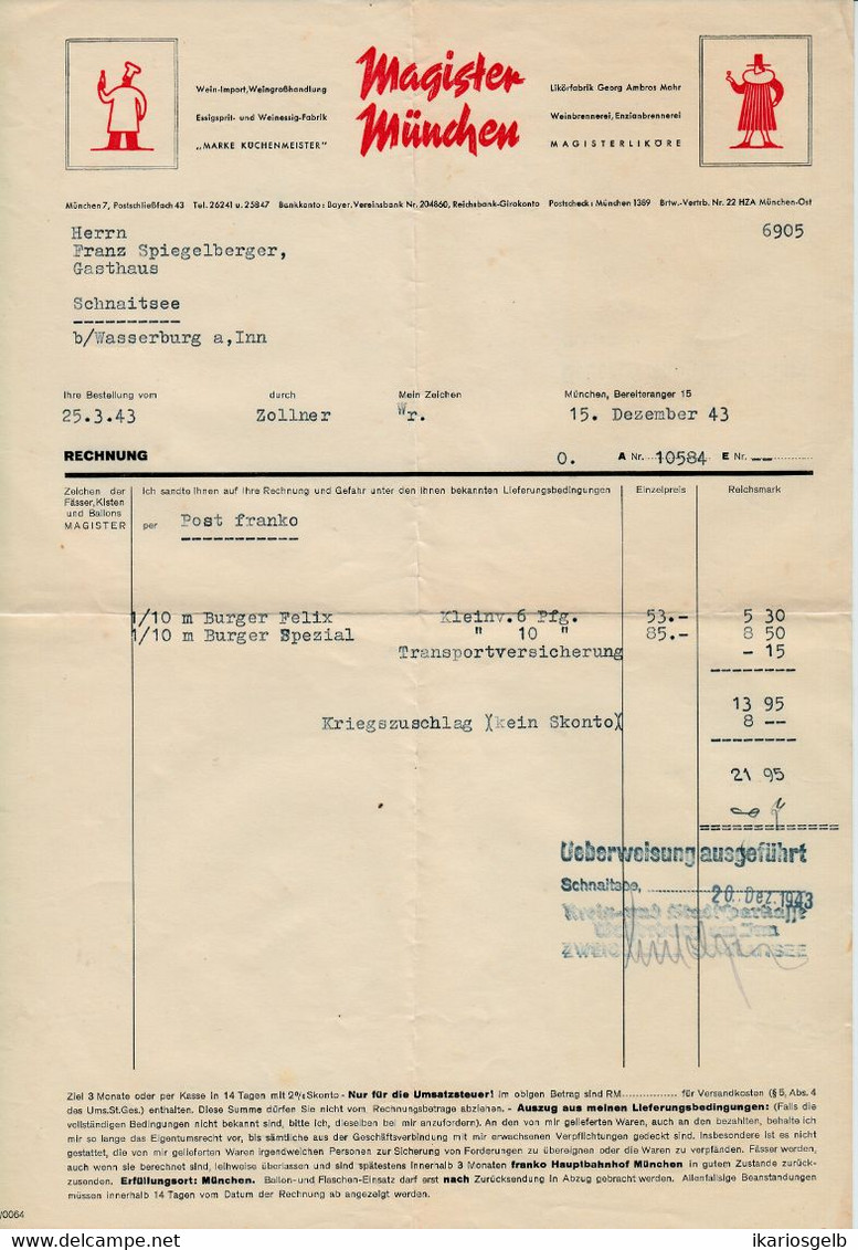 München 1943 Deko Rechnung " Likörfabrik Zum Magister Bereitanger 15 Liköre Essig Wein Cigarren " - Alimentaire