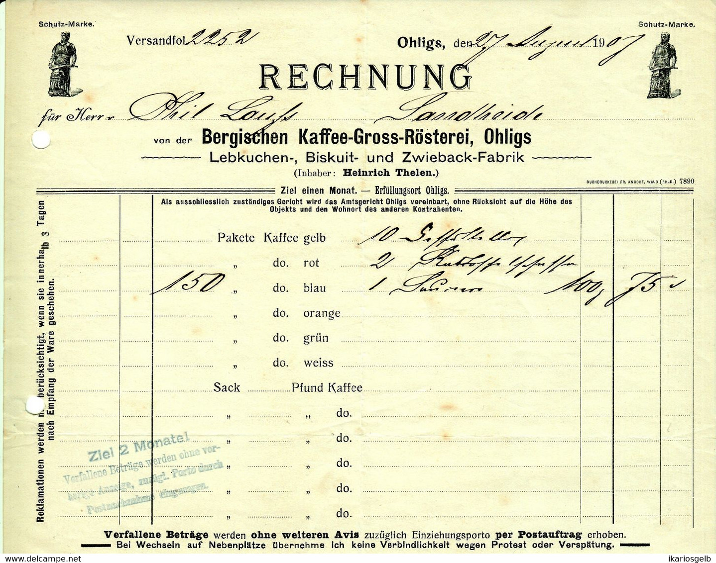 Solingen Ohligs 1907 Deko Rechnung " Heinrich Thelen Bergische Kaffee-Großrösterei Lebkuchen Zwieback-Fabrik " - Levensmiddelen