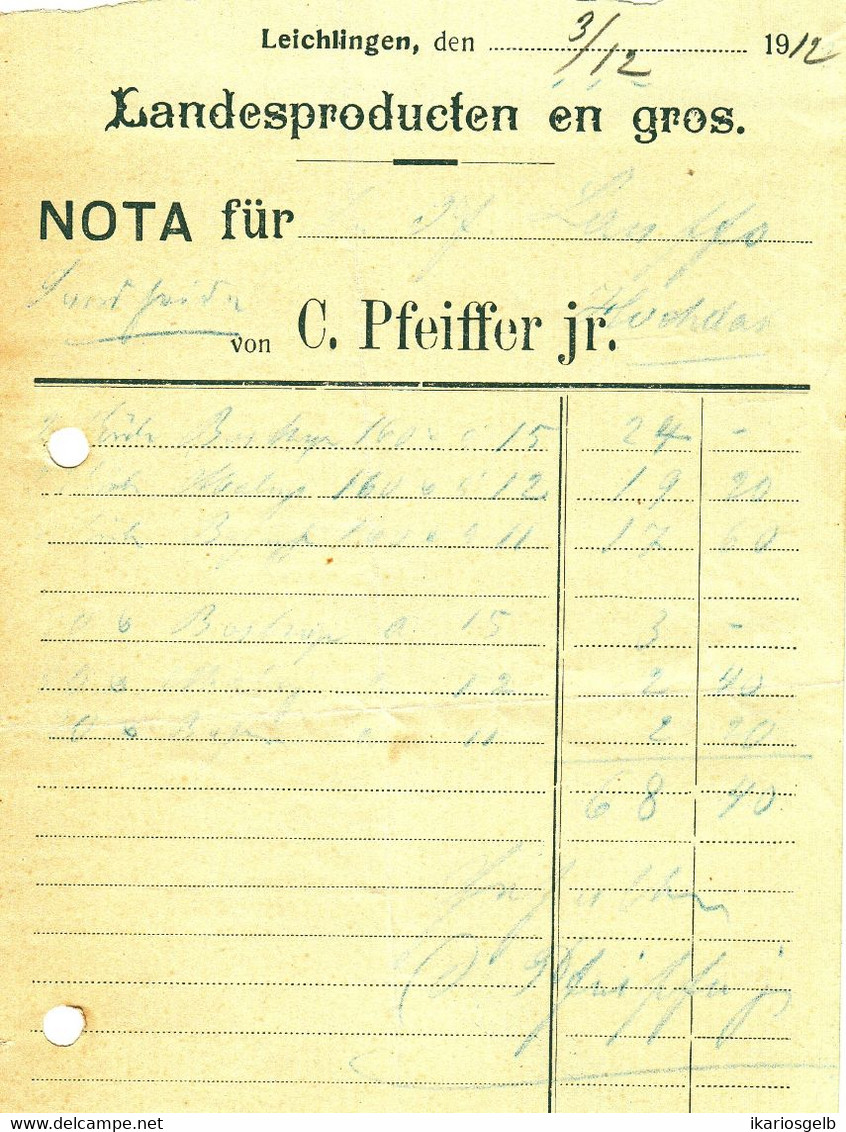 Leichlingen Rheinland 1912 Deko Rechnung " C.Pfeiffer Jun Landesproducten En Gros " - Food