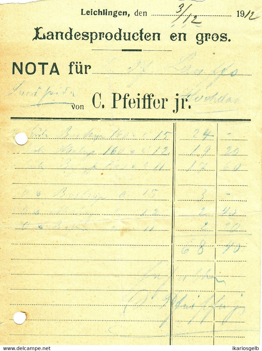 Leichlingen Rheinland 1912 Deko Rechnung " C.Pfeiffer Jun Landesproducten En Gros " - Alimentos