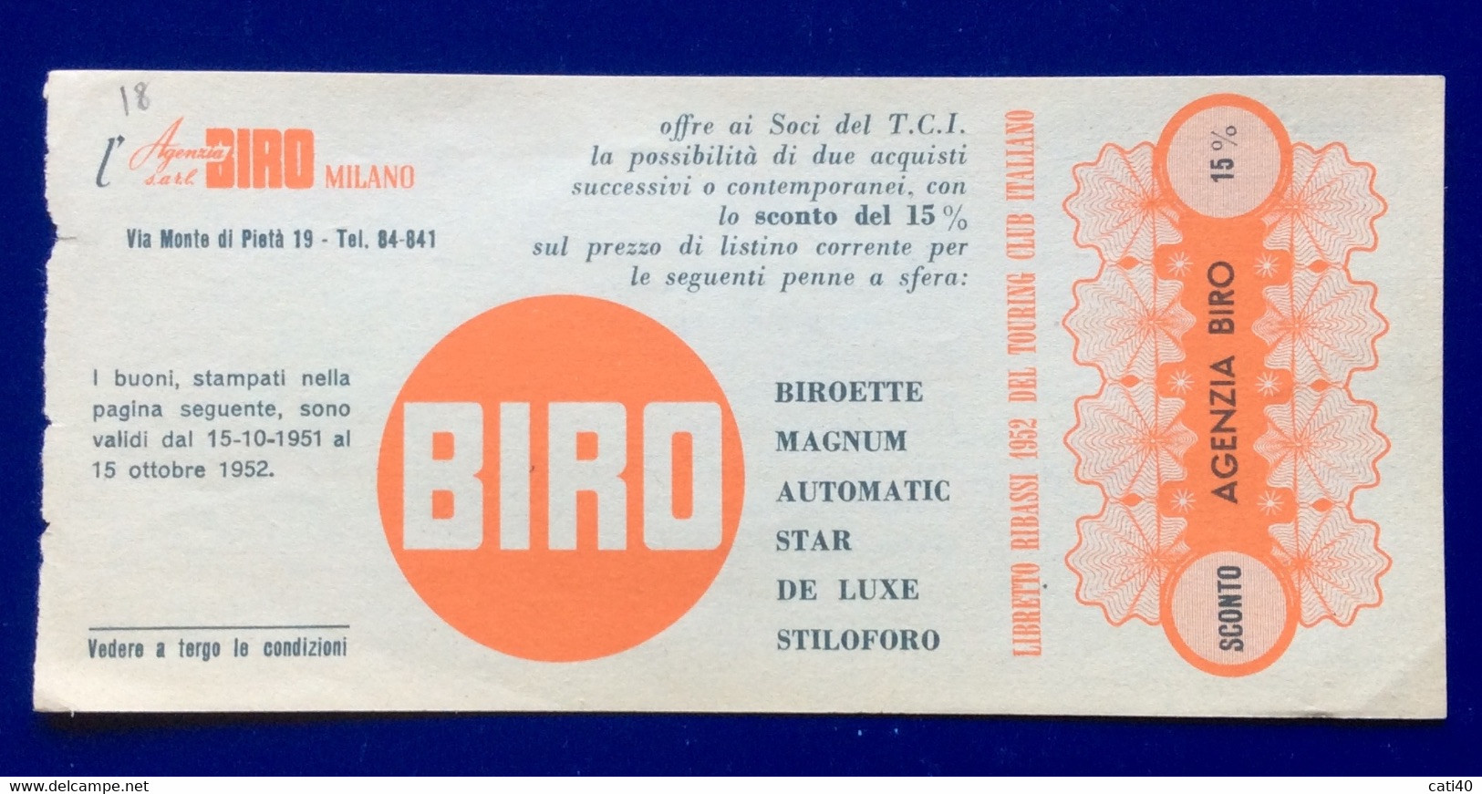 PENNE A SFERA BIRO  - BUONO SCONTO DA LIBRETTO DEL T.C.I. 1952 - PUBBLICITA' ADVERTISING - Advertising