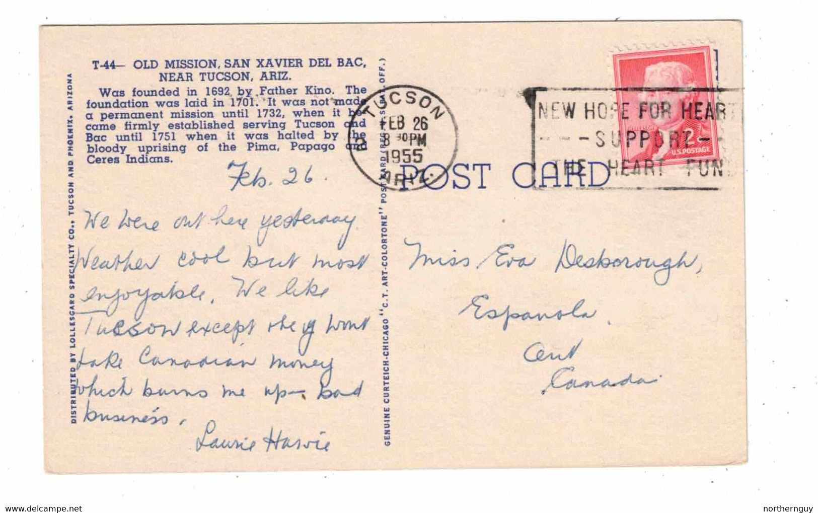 TUSCON, Arizona, USA, Old Mission, San Xavier Del  Bac, 1955 Curteich Linen Post Card - Tucson