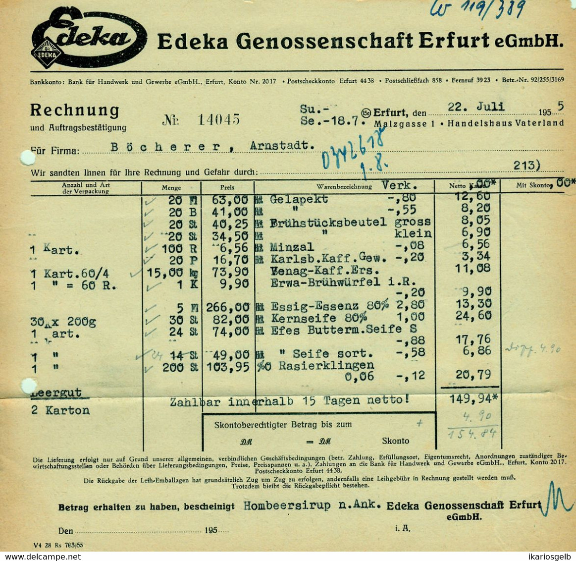 Erfurt Thüringen DDR 1955 Deko Rechnung " EDEKA Genossenschaft Malzgasse 1 " - Alimentare